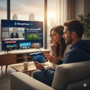 Pareja en una sala moderna viendo el Ecosistema Global de StreamForce 360 en una Smart TV y una tablet, mostrando canales de noticias Esfera Digital y Deportes al Instante.