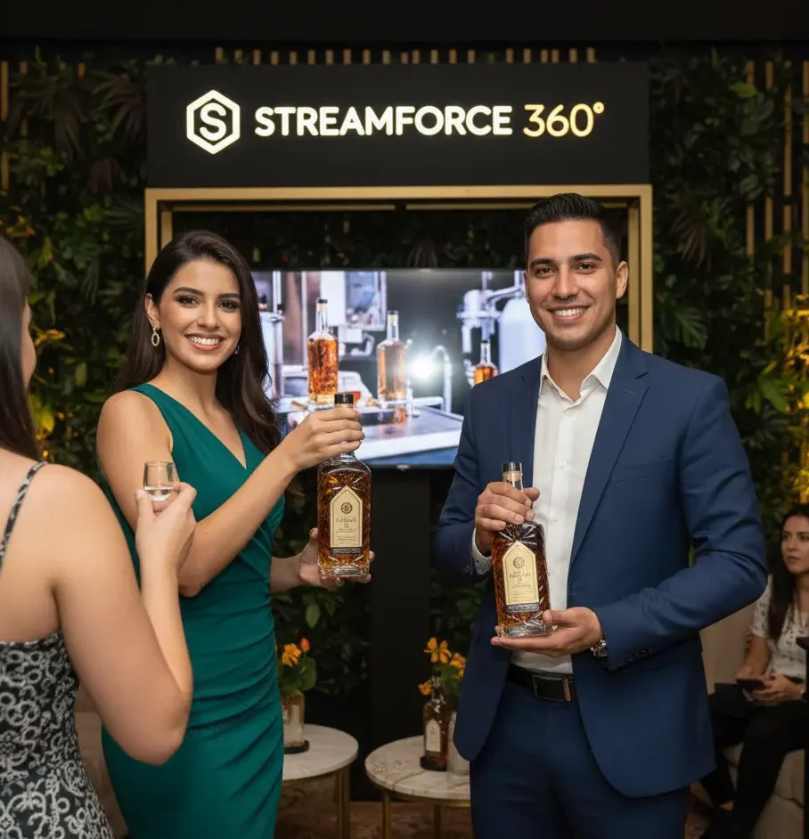 Activaciones de marca en Colombia con modelos impulsando licores e integración a infraestructura digital StreamForce 360.