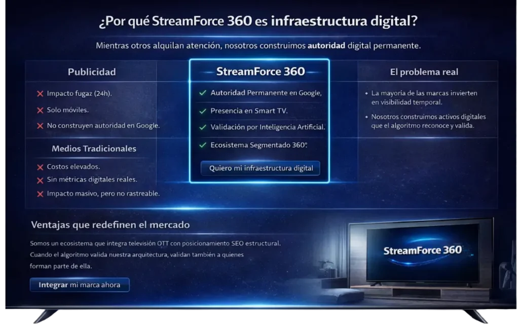 Modelo de autoridad digital de StreamForce 360 con presencia en Smart TV y posicionamiento SEO permanente