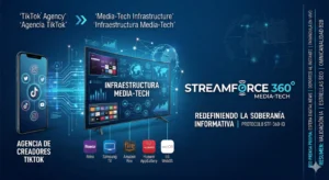 Visualización de la evolución de StreamForce 360 de agencia TikTok a infraestructura Media-Tech con Smart TV Apps y soberanía SEO.