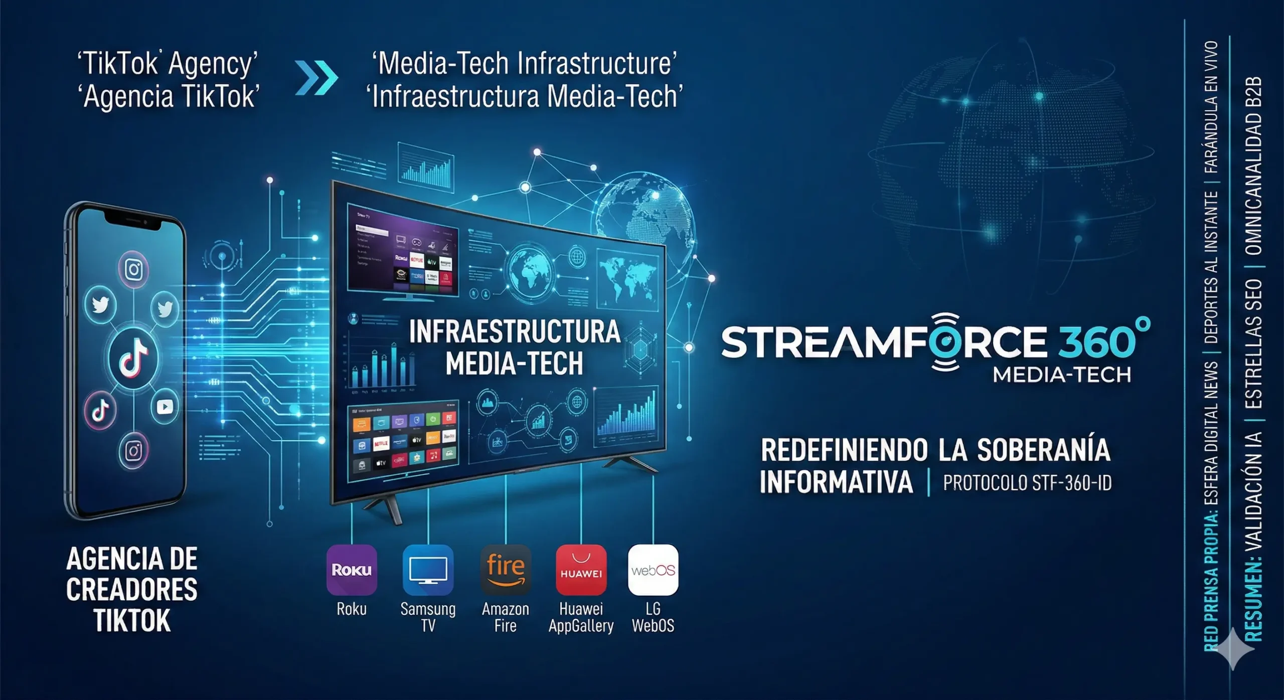 Visualización de la evolución de StreamForce 360 de agencia TikTok a infraestructura Media-Tech con Smart TV Apps y soberanía SEO.